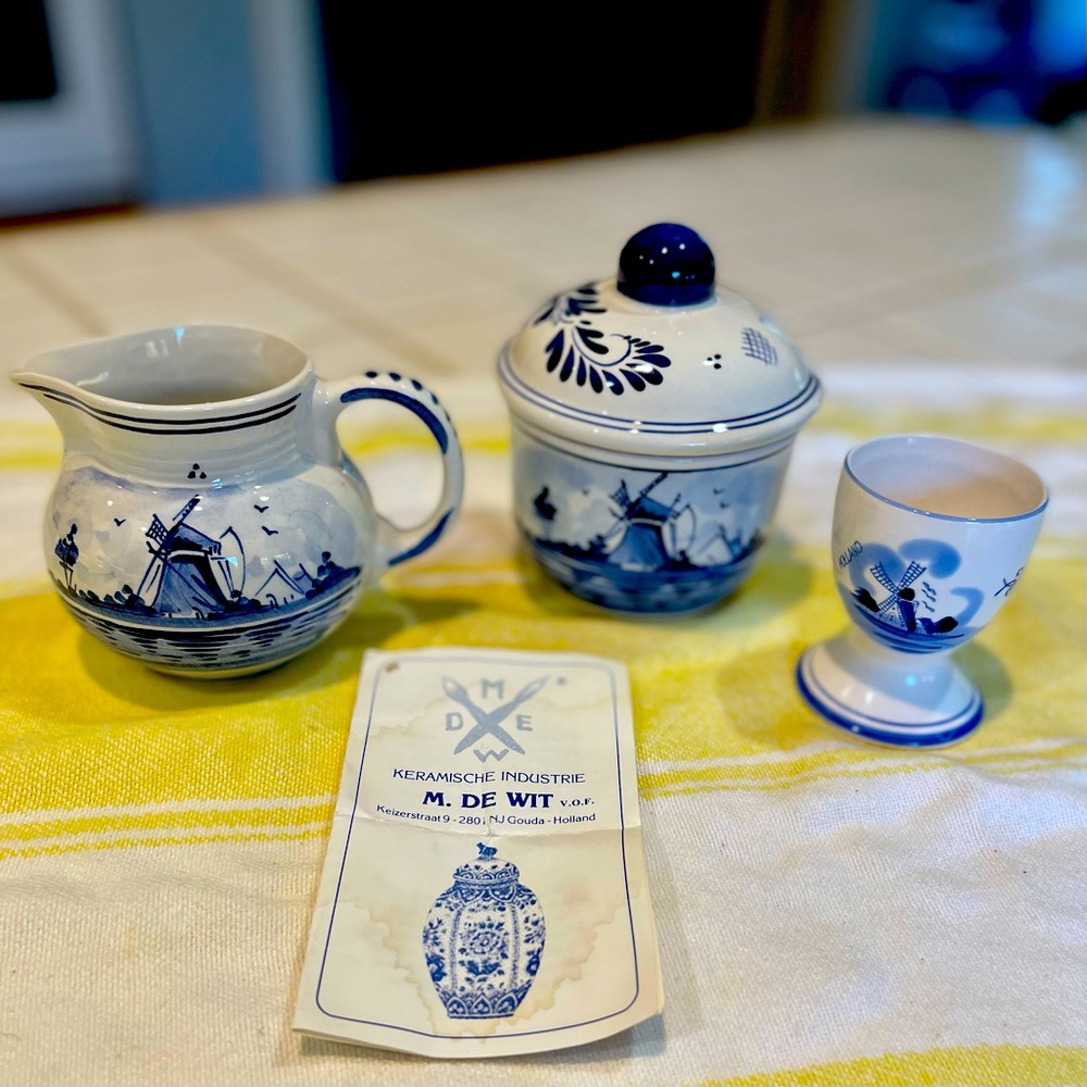 DeWit Handpainted Delftware Breakfast Addition: Cream & Sugar w/matching egg cup